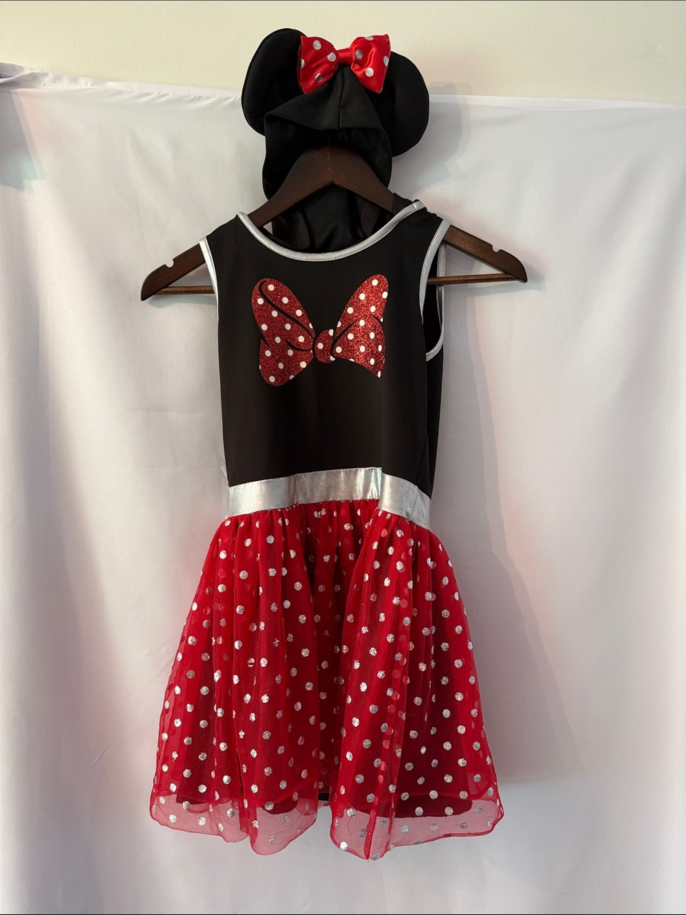 Disney Minnie Mouse Black & Red Polka Dot Dress with Hood w/ears and Sparkly Bow